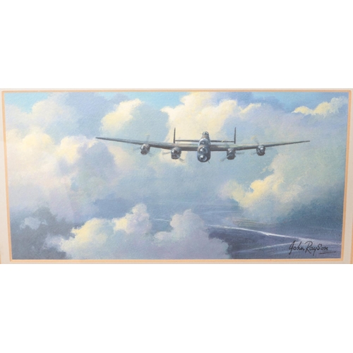 156 - John V Rayson (1934-1995), a framed aviation watercolour of an Avro Lancaster in flight. 10cm x 20.5... 