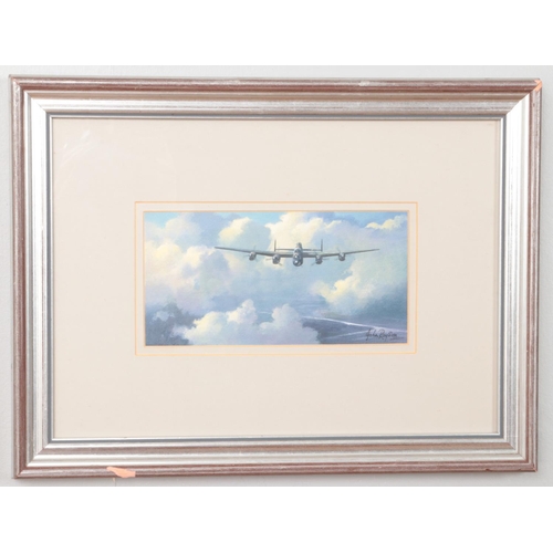 156 - John V Rayson (1934-1995), a framed aviation watercolour of an Avro Lancaster in flight. 10cm x 20.5... 