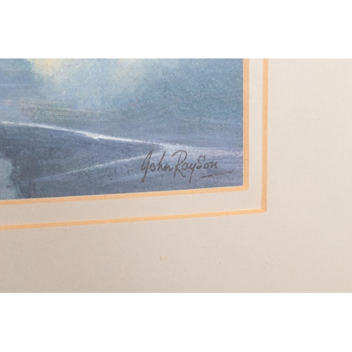 156 - John V Rayson (1934-1995), a framed aviation watercolour of an Avro Lancaster in flight. 10cm x 20.5... 