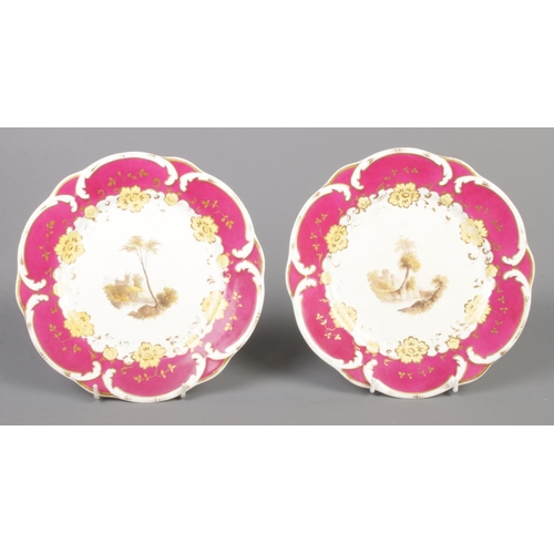 17 - Two Rockingham dessert plates with C-scroll moulded borders. Both having gilt, maroon and yellow bor... 