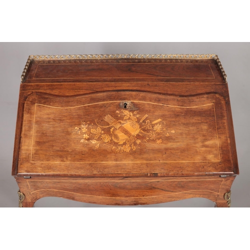 181 - An early 20th century rosewood writing desk with marquetry inlaid drop down front, fitted interior a... 