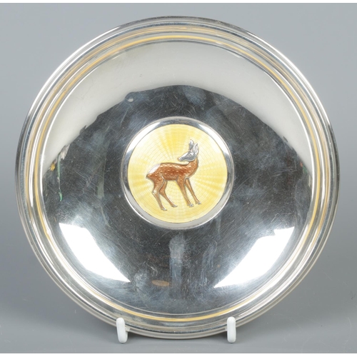 47 - A Norwegian silver and guilloche enamel dish with central panel decorated with a deer. Makers mark f... 