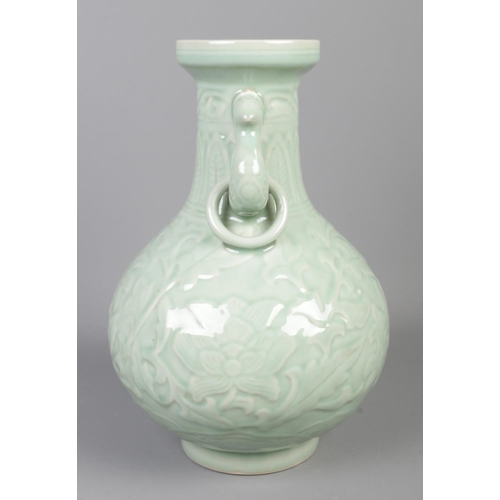 5 - A large 20th century celadon vase with twin loop handles. Longquan marks to base. Height 32cm.