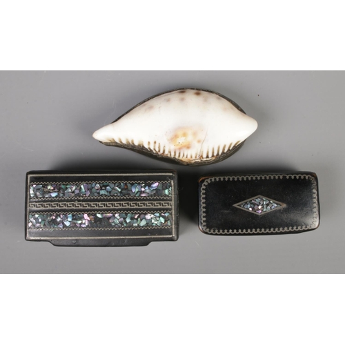 74 - Three antique snuff boxes. Includes shell example and two papier mache example with abalone shell de... 