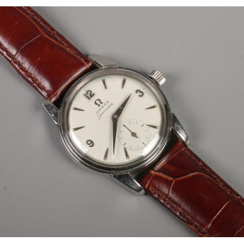 94 - A gents stainless steel Omega Seamaster manual wristwatch. Having baton and Arabic numeral markers a... 