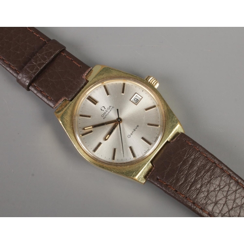 95 - A gents gold plated Omega Geneve automatic wristwatch. Having baton markers, centre seconds and date... 