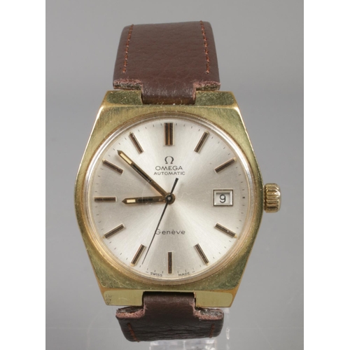 95 - A gents gold plated Omega Geneve automatic wristwatch. Having baton markers, centre seconds and date... 