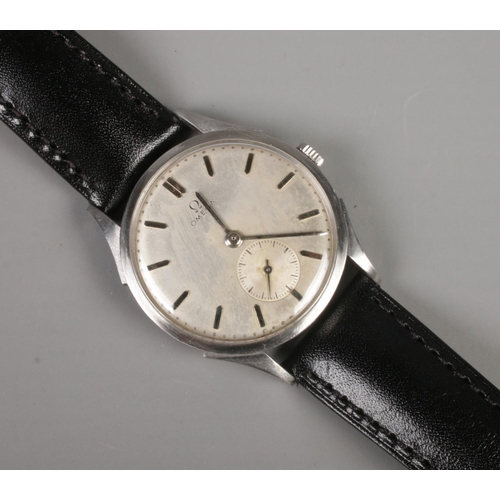 97 - A gents stainless steel Omega manual wristwatch. With silvered dial, baton markers and subsidiary se... 