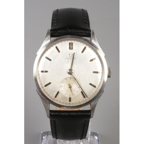 97 - A gents stainless steel Omega manual wristwatch. With silvered dial, baton markers and subsidiary se... 