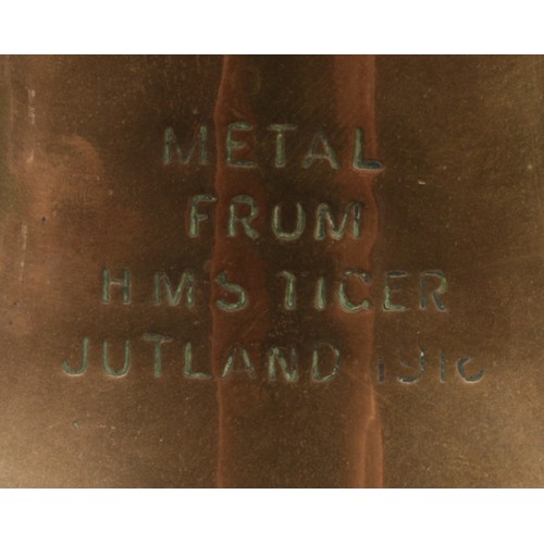 65 - A bronze ship's bell inscribed Metal From HMS Tiger, Jutland 1916. Height 21cm, Diameter of bell bas... 