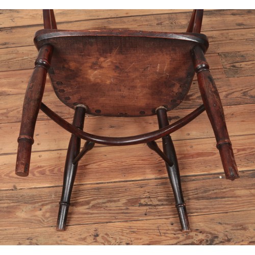 165 - A 19th century ash/elm and yew wood Windsor arm chair with crinoline stretcher. Height of back 88cm,... 