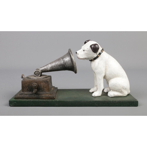 192 - A cast iron ornamental figure formed as His Masters Voice dog and gramophone. Stamped Rogers Foundry... 