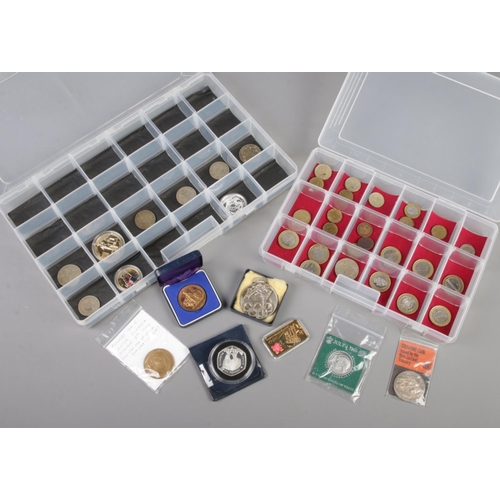 225 - A collection of coins and medals. Includes commemorative, decimal and pre decimal, London 2012 ingot... 