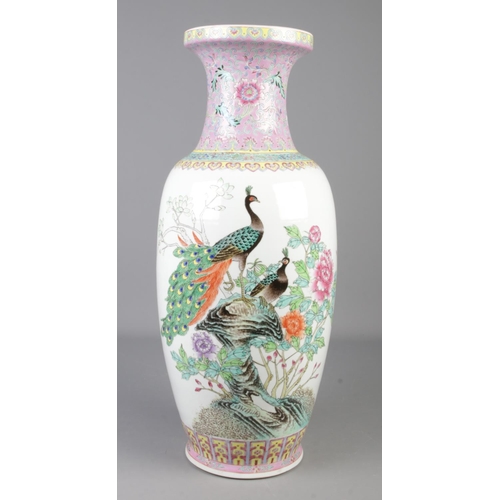 233 - A large 20th century Chinese famille rose floor vase decorated with peacocks and chrysanthemums. Sea... 