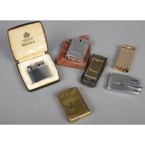 283 - Six lighters. Includes Zippo, Harrods, Ronson, etc.