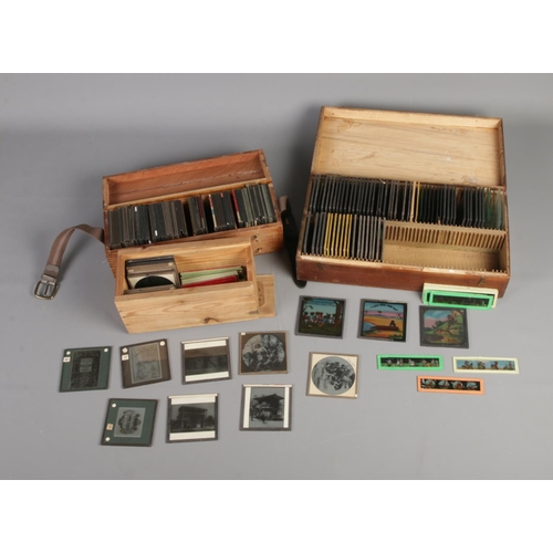 342 - Three cases of magic lantern slides including coloured story and educational diagram examples such a... 