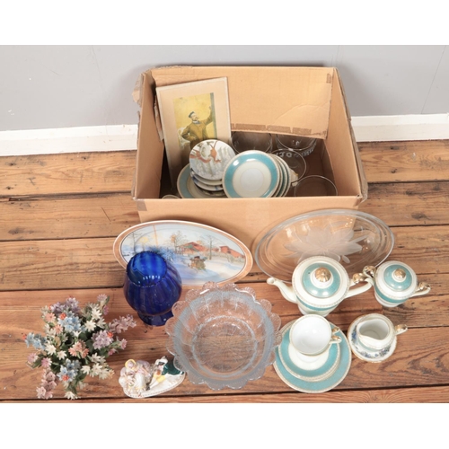 378 - boxes of assorted items, to include Chinese part tea set, glass and Goebel display plates, ceramic f... 