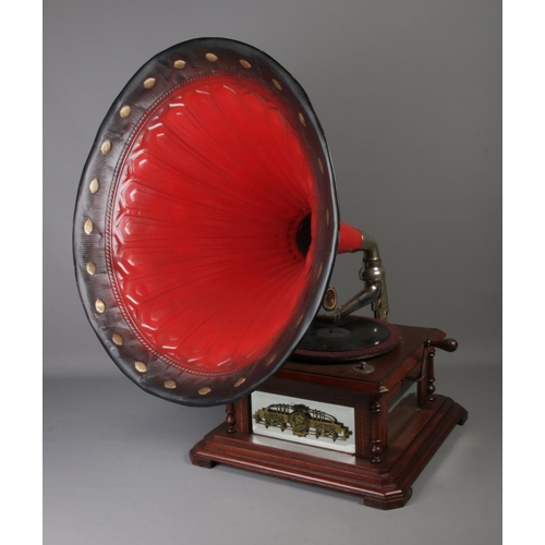 410 - A concert hall gramophone featuring painted tinplate horn and Gramola soundbox. Possible reproductio... 