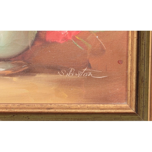 467 - S. Barton gilt framed oil on canvas depicting flora still life of roses in vase. Approx. dimensions ... 