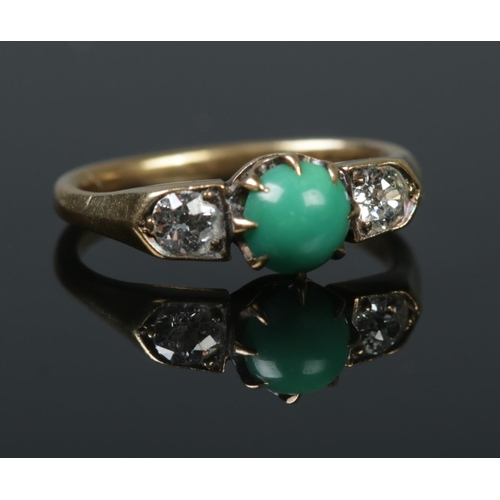 522 - A Victorian gold, turquoise and diamond ring. Tests as 18ct gold. Size G 1/2. 2.66g.