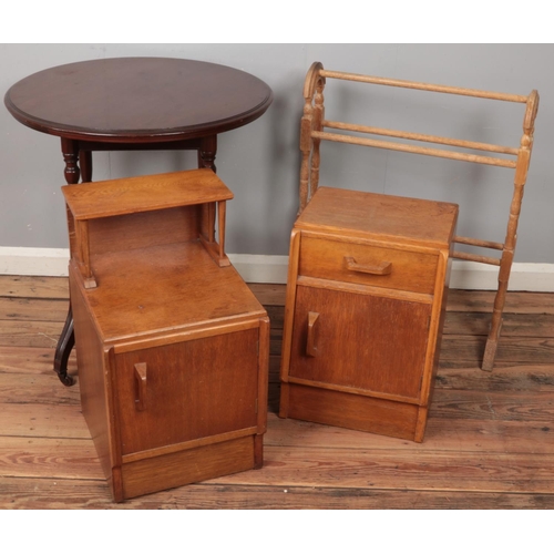 566 - Four pieces of furniture. Includes two G-Plan Egomme teak bedside cabinets, mahogany window table, e... 