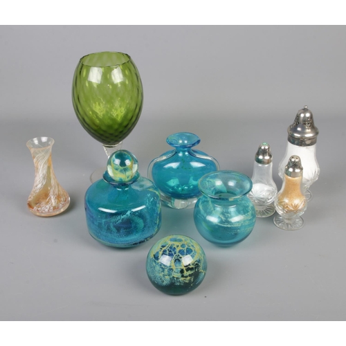 224 - An assorted collection of Mdina glass and other glassware including salt pepper and sugar shakers.