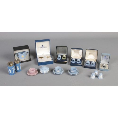 251 - A collection of small Wedgewood Jasperware including thimbles and miniature teacups