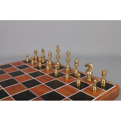 284 - Wooden chess board with pewter and brass pieces