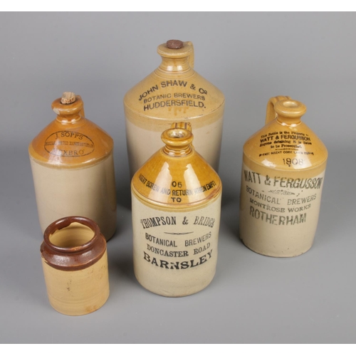 292 - A collection of stoneware flagons and jar stamped J.Sopps Mexbro, John Shaw & Co botanic brewers Hud... 