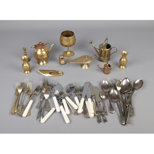 296 - Assorted metal collectables and cutlery including brass goblets and miniature watering can