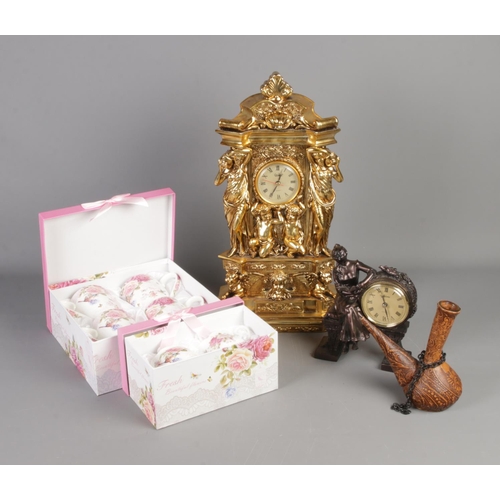 335 - Crosa mantel clock in gold with smaller Juliana clock as well as a leather wrapped Porron wine decan... 