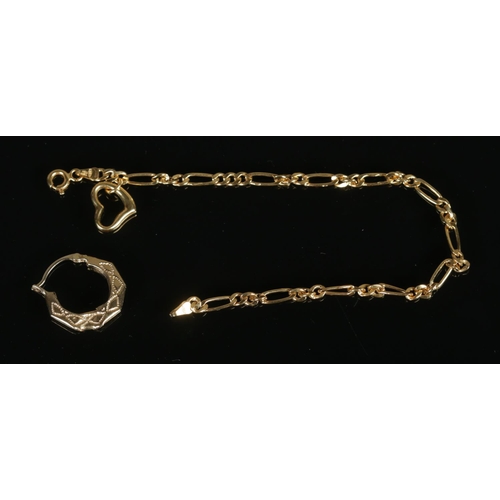 505 - 9ct gold bracelet with heart pendant and single earring. 1.84g. Bracelet length 18cm