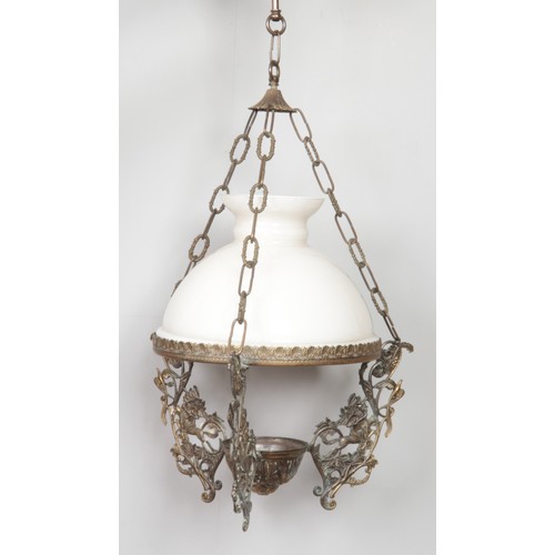 423 - A hanging opaque glass ceiling light with tripod metal floral mounts.