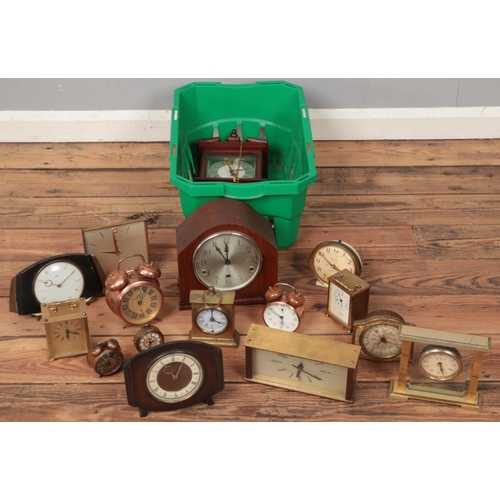 235 - A box of clocks. Includes Metamec, Westcloxs Big Ben Repeater, dome shaped mantel clock, etc.