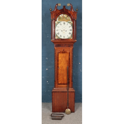 543 - An oak and mahogany longcase clock, with barley twist features and swan neck pediment. Dial for SJ F... 