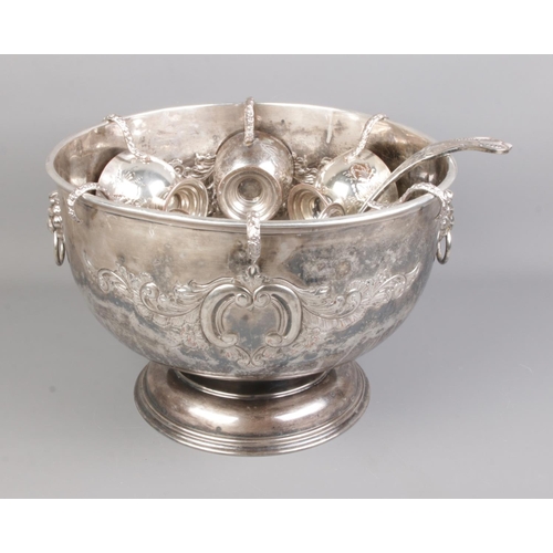 107 - Pinder Bros Ltd silver plate punch bowl, cups and ladle engraved 