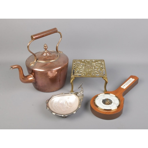 129 - A quantity of collectables including copper kettle, brass stand with motto, barometer and silver pla... 