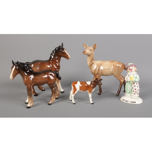 13 - A collection of Beswick figures including Get Well Soon clown, foals, calf and deer.