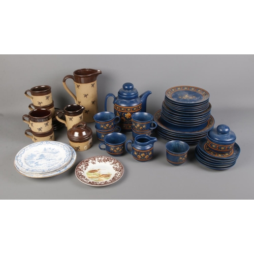 189 - Two boxes of ceramics including Winterling Bavaria and Madrigal tea services, Spode and blue and whi... 