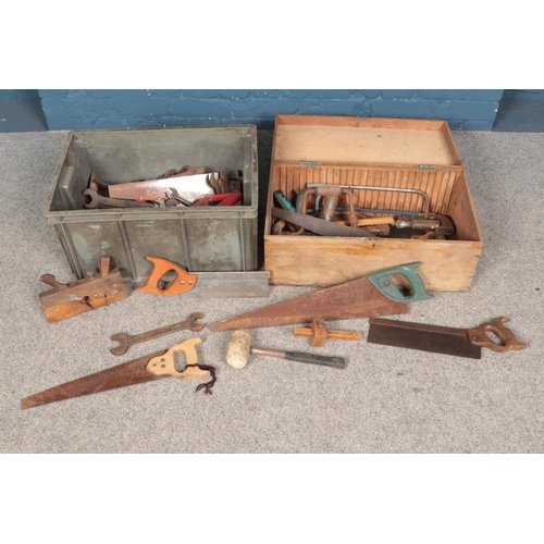 191 - Two boxes of assorted tools, to include saws, files, spanners and planes.