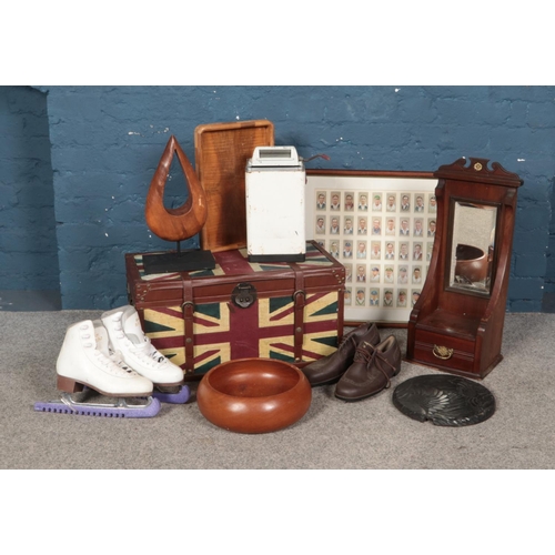 198 - A collection of wooden items including wall mirror valet, bowls and trays along with union jack trun... 