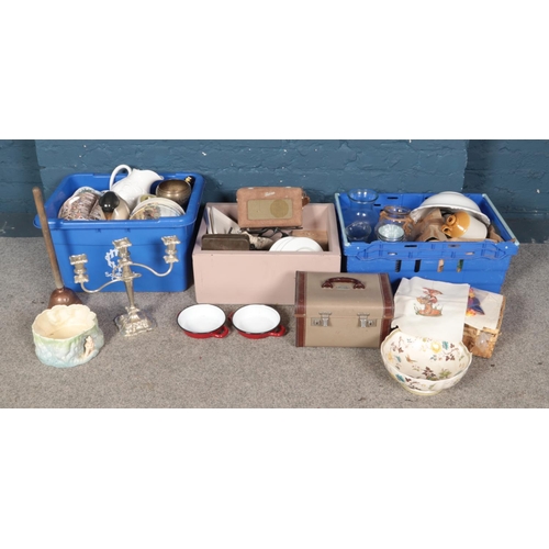 213 - Three boxes of assorted miscellaneous, to include Sylvac 1514 bowl, silver plated candlestick, Bradf... 