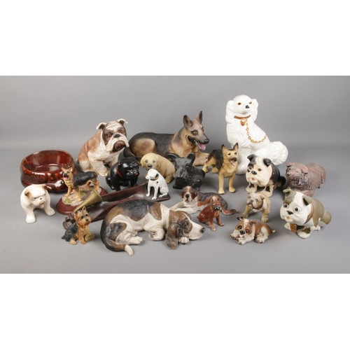 229 - A large collection of ceramic and other material dogs including resin and nodding dogs.