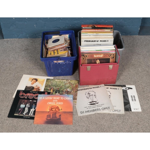 230 - Two boxes and one carry case of assorted records and singles including Wham, Bread, The Who, etc.