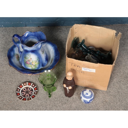 241 - A box of miscellaneous, mostly ceramics and glassware, including Goebel Monk Decanter, Royal Crown D... 