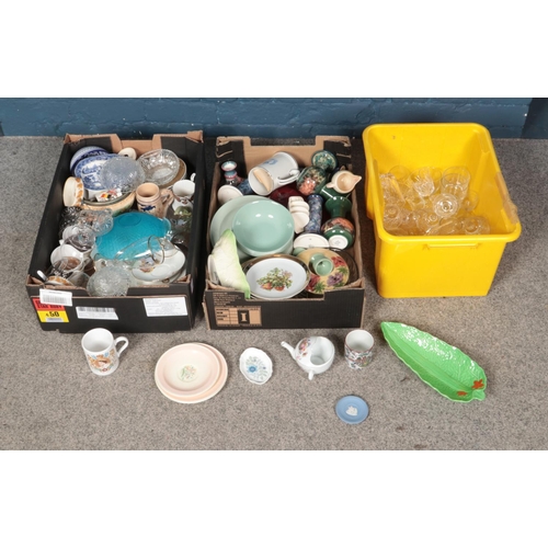 245 - Three boxes of assorted ceramics and glassware including Beswick, Wedgwood, Susie Cooper, etc.