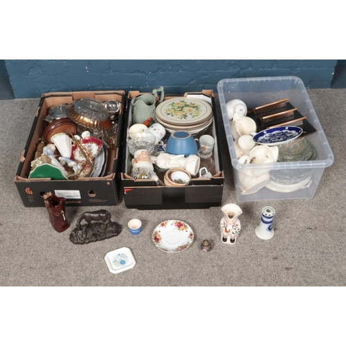 252 - Three boxes of miscellaneous to including Royal Albert, studio pottery, Royal Memorabilia, etc.