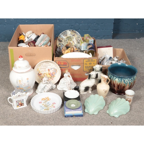 256 - Three boxes of mainly ceramics, to include wall pockets, egg cups, large glazed jardiniere, Poole pi... 