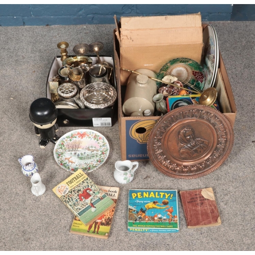 260 - Two boxes of miscellaneous to include metalwares, children's games, ceramics, stoneware, etc.