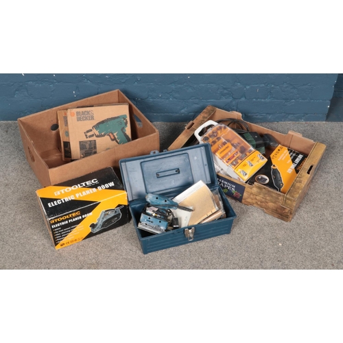 262 - Two boxes of power tools including belt sander, rotary tools and electric planer.